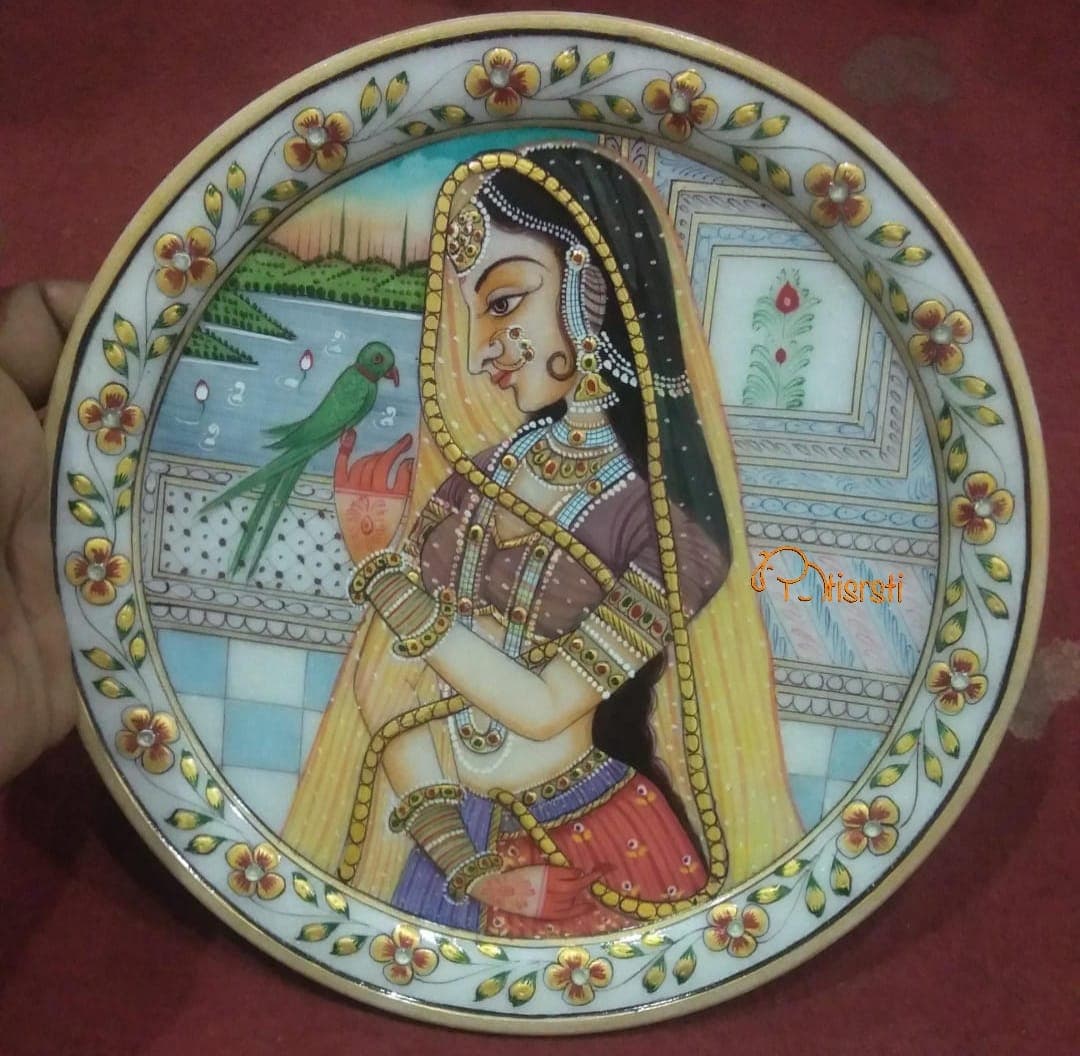 Exquisite Rajasthani Handcrafted Marble Plate with alluring meenakari work