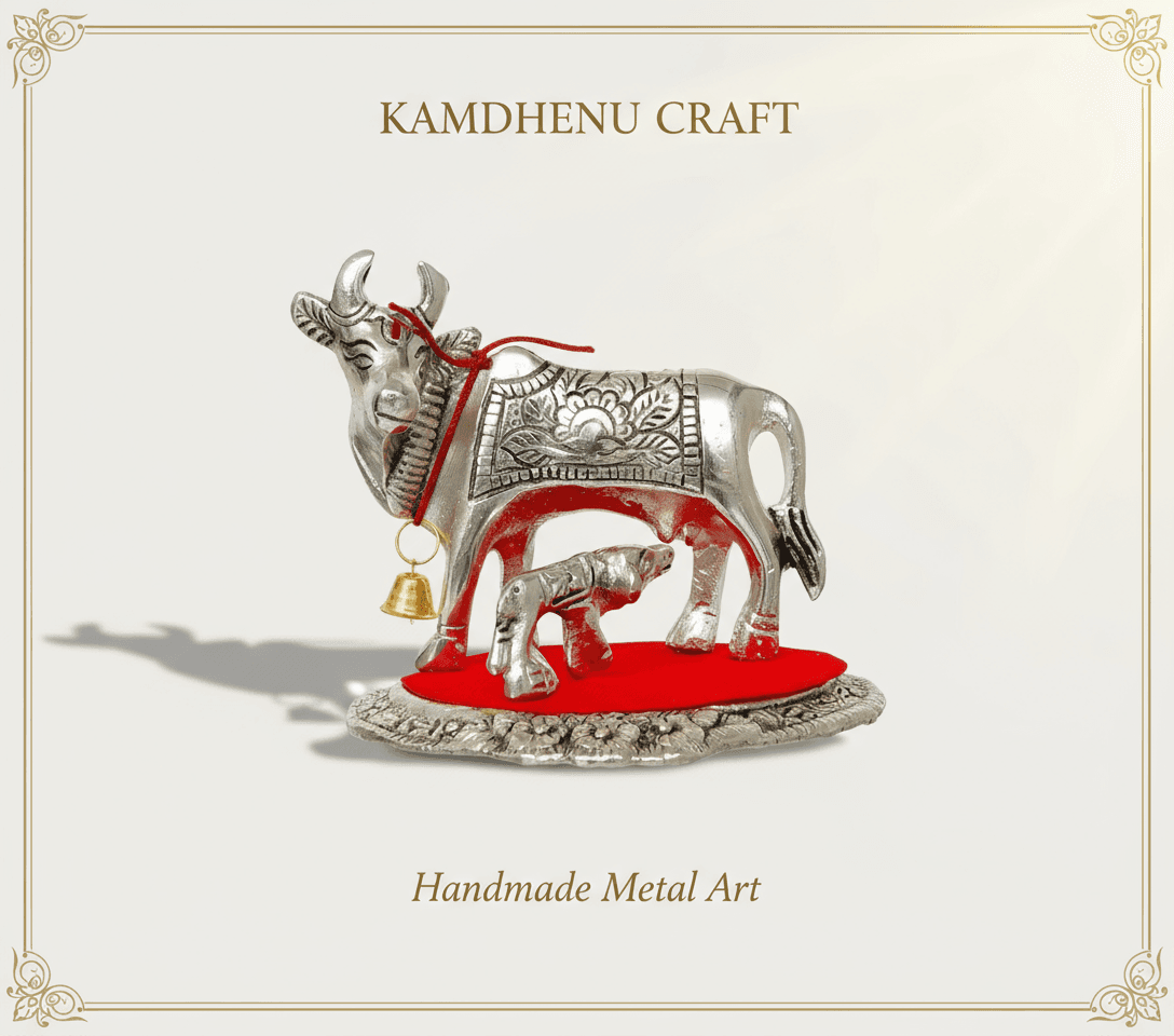 Atisrsti Handcrafted Kamdhenu Cow & Calf Decorative Idol – White Metal Pooja & Home Decor Piece