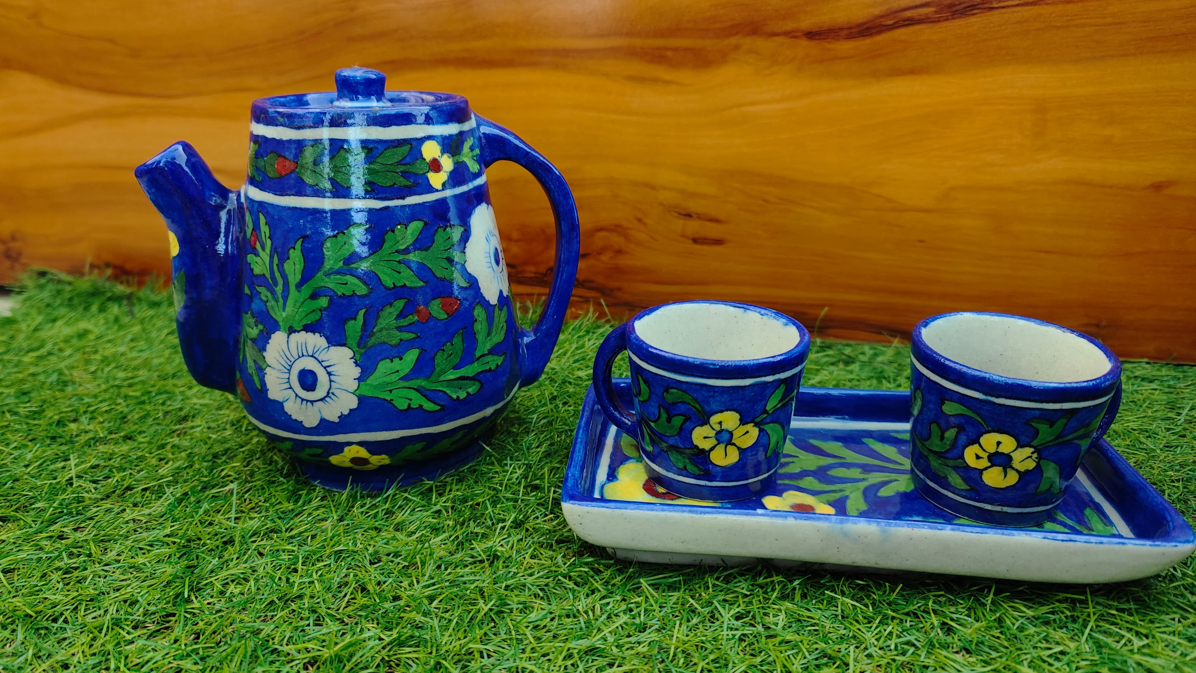 Atisrsti Tea Set – Blue Pottery Heritage Tea Set with Kettle, Mug Pair & Serving Tray
