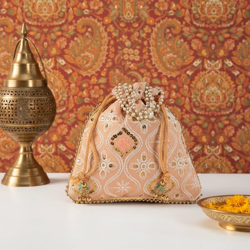Ethnic potli batwa pearl drawstring ladies handbag traditional embroidery elegant accessory